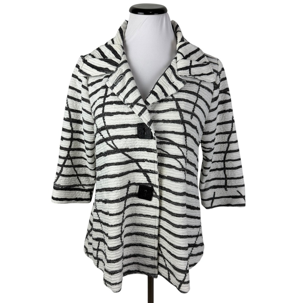 Multiples Black White Textured Abstract Stripe Button Front Jacket Women's PM